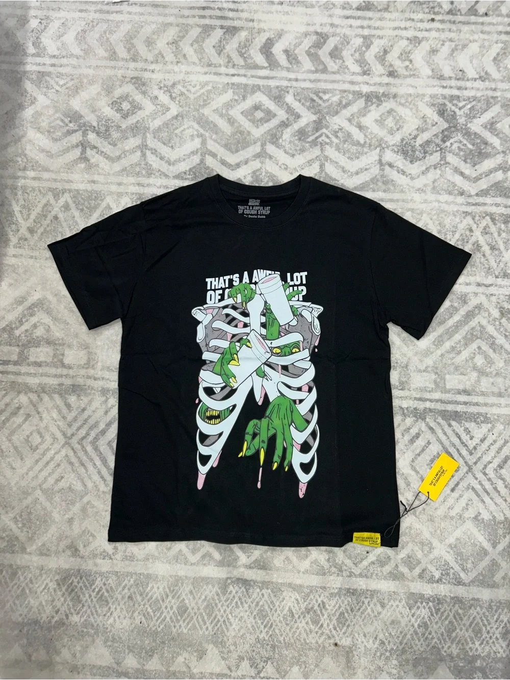 Black Graphic Skeleton Tee with Green Accent